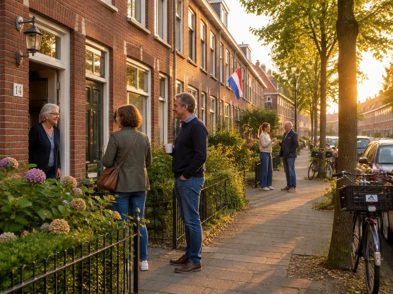 Buurtbewoners ontmoeten elkaar in een groene woonomgeving